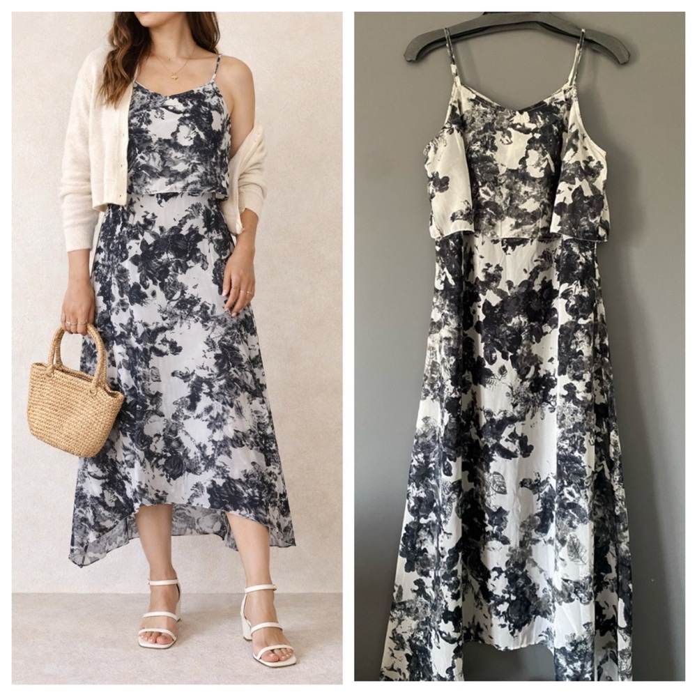 Black White Floral Midi Dress M Quiet Luxury Wedding Guest Minimalist Chic